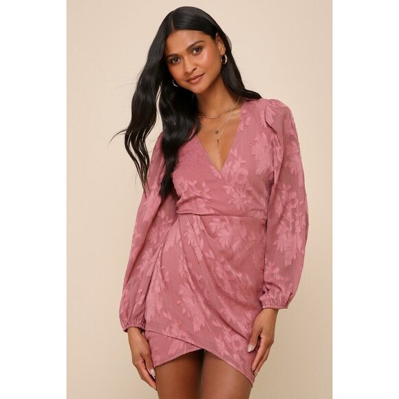 Lulus Dresses & Skirts - Lulus Meant To Shine Mauve Floral Jacquard Long Sleeve Mini Dress - Size S NWT